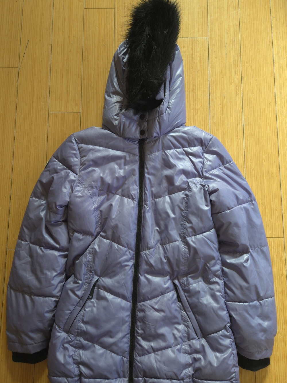 Justice Girls Purple Iridescent Winter Puffer Coat Size 14 Faux Fur Hood Warm